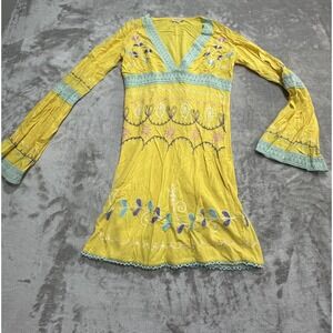 Debbie‎ Katz Women Cotton Embroidered Beach Wear Mini Dress Tunic Yellow EUC